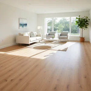 A bright, inviting living room in a modern Plant City home, featuring newly installed, light-colored wood-look laminate flooring. Sunlight streams through a large window onto the clean, durable surface. Furniture is minimal and contemporary, showing off the floor. No people, no text, no free-standing bathtubs, no competitors, no text overlays, no low-lighting.