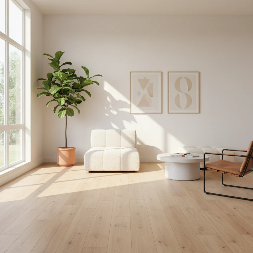 A bright, inviting living room in a modern Plant City home, featuring newly installed, light-colored wood-look laminate flooring. Sunlight streams through a large window onto the clean, durable surface. Furniture is minimal and contemporary, showing off the floor. No people, no text, no free-standing bathtubs, no competitors, no text overlays, no low-lighting.