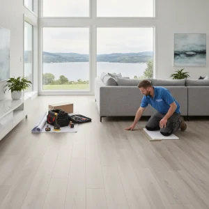A bright, modern living room in a Lakeland home, showcasing a newly installed, pristine LVP floor. A professional installer in a clean uniform is subtly inspecting a finished section, tools neatly organized in the background. The room is well-lit with natural light, no text in the image, no free-standing bathtubs, no competitors, no text overlays, no low-lighting.