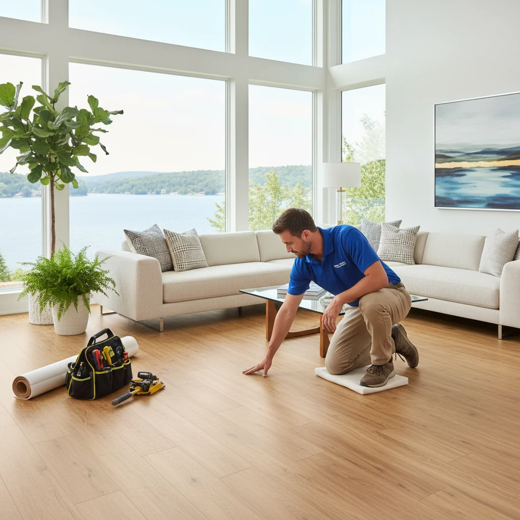 A bright, modern living room in a Lakeland home, showcasing a newly installed, pristine LVP floor. A professional installer in a clean uniform is subtly inspecting a finished section, tools neatly organized in the background. The room is well-lit with natural light, no text in the image, no free-standing bathtubs, no competitors, no text overlays, no low-lighting.