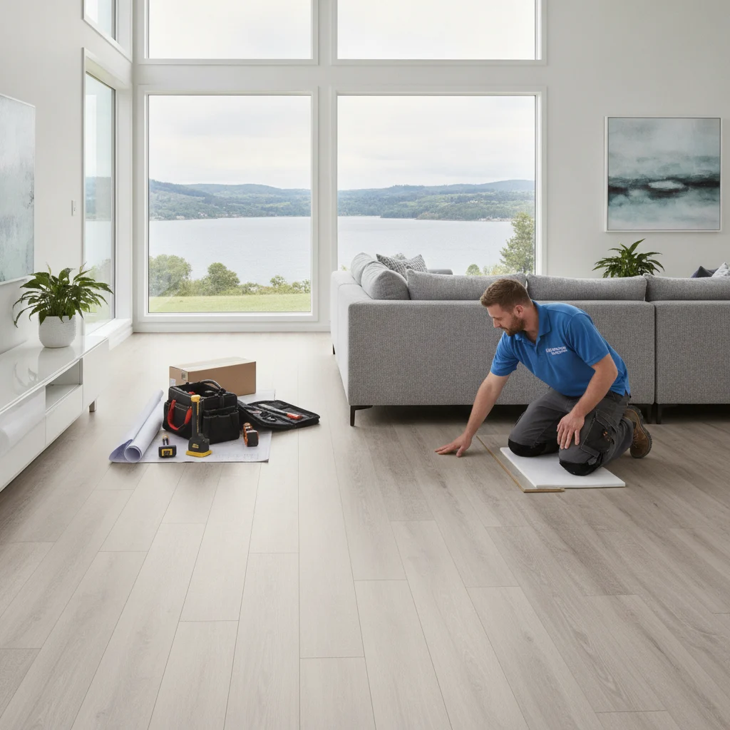 A bright, modern living room in a Lakeland home, showcasing a newly installed, pristine LVP floor. A professional installer in a clean uniform is subtly inspecting a finished section, tools neatly organized in the background. The room is well-lit with natural light, no text in the image, no free-standing bathtubs, no competitors, no text overlays, no low-lighting.