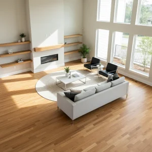 A high-angle, wide shot of a spacious modern living room in Riverview, Florida, showcasing high-quality wide-plank engineered hardwood flooring in a warm honey oak finish. The room features large windows with natural sunlight, contemporary minimalist furniture, and clean baseboards. No people, no text, no bathtubs. Professional architectural photography style.