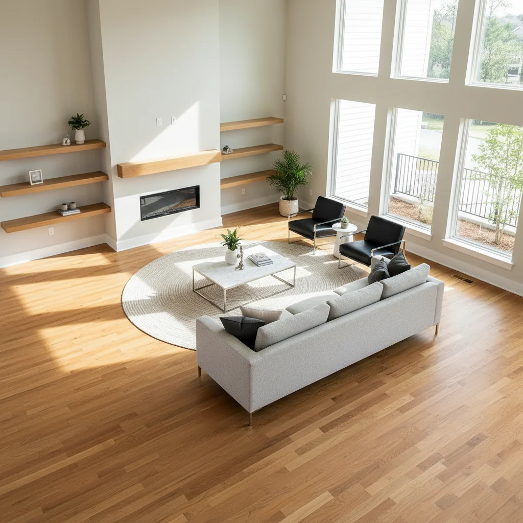A high-angle, wide shot of a spacious modern living room in Riverview, Florida, showcasing high-quality wide-plank engineered hardwood flooring in a warm honey oak finish. The room features large windows with natural sunlight, contemporary minimalist furniture, and clean baseboards. No people, no text, no bathtubs. Professional architectural photography style.