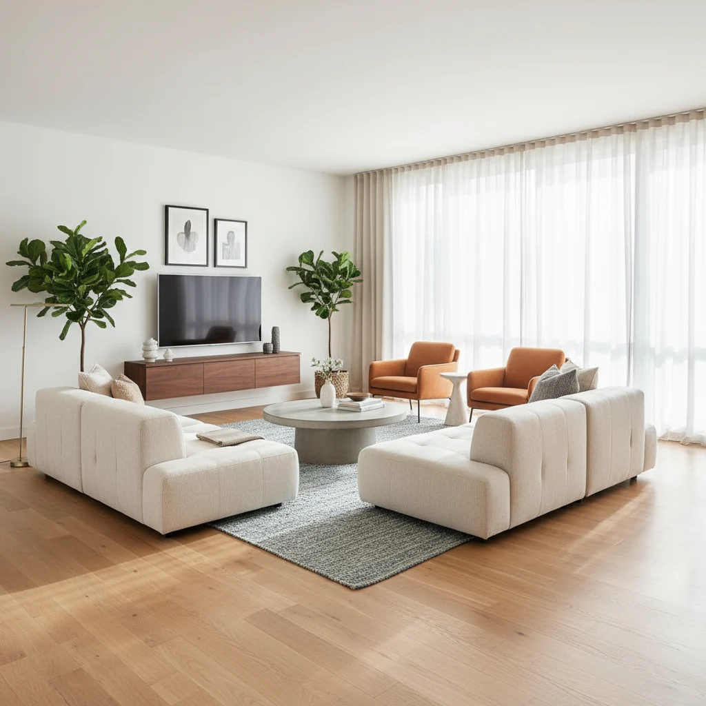 A bright living room with warm wood flooring